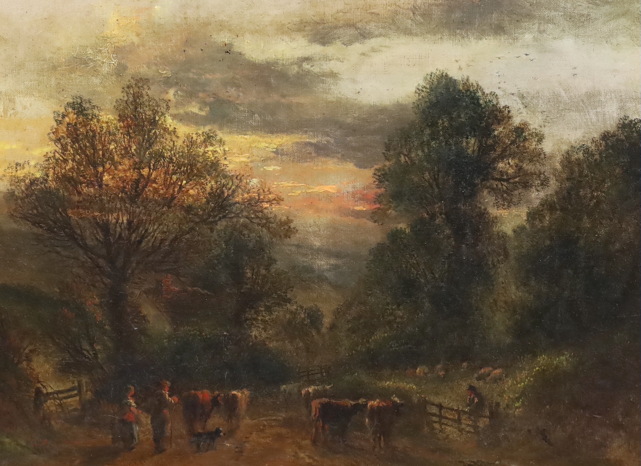 Follower of John Linnell (British, 1792-1882), 'Returning Home', oil on canvas, 30 x 40cm